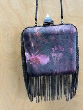 NWOT Monika Chiang Fringe Chain Evening Bag in Purple Tie Dye Print